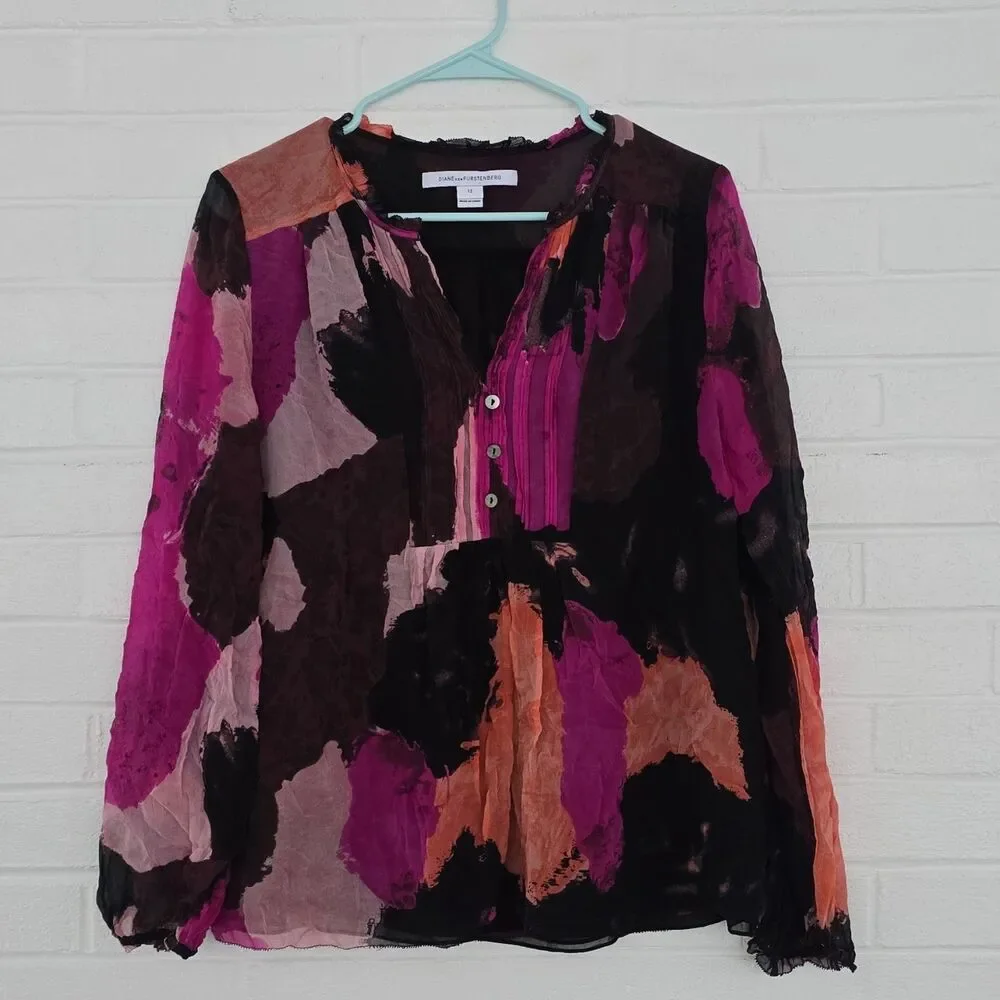 Diane von Furstenberg Abstract Silk Chiffon Blouse Multicolor Sz 12